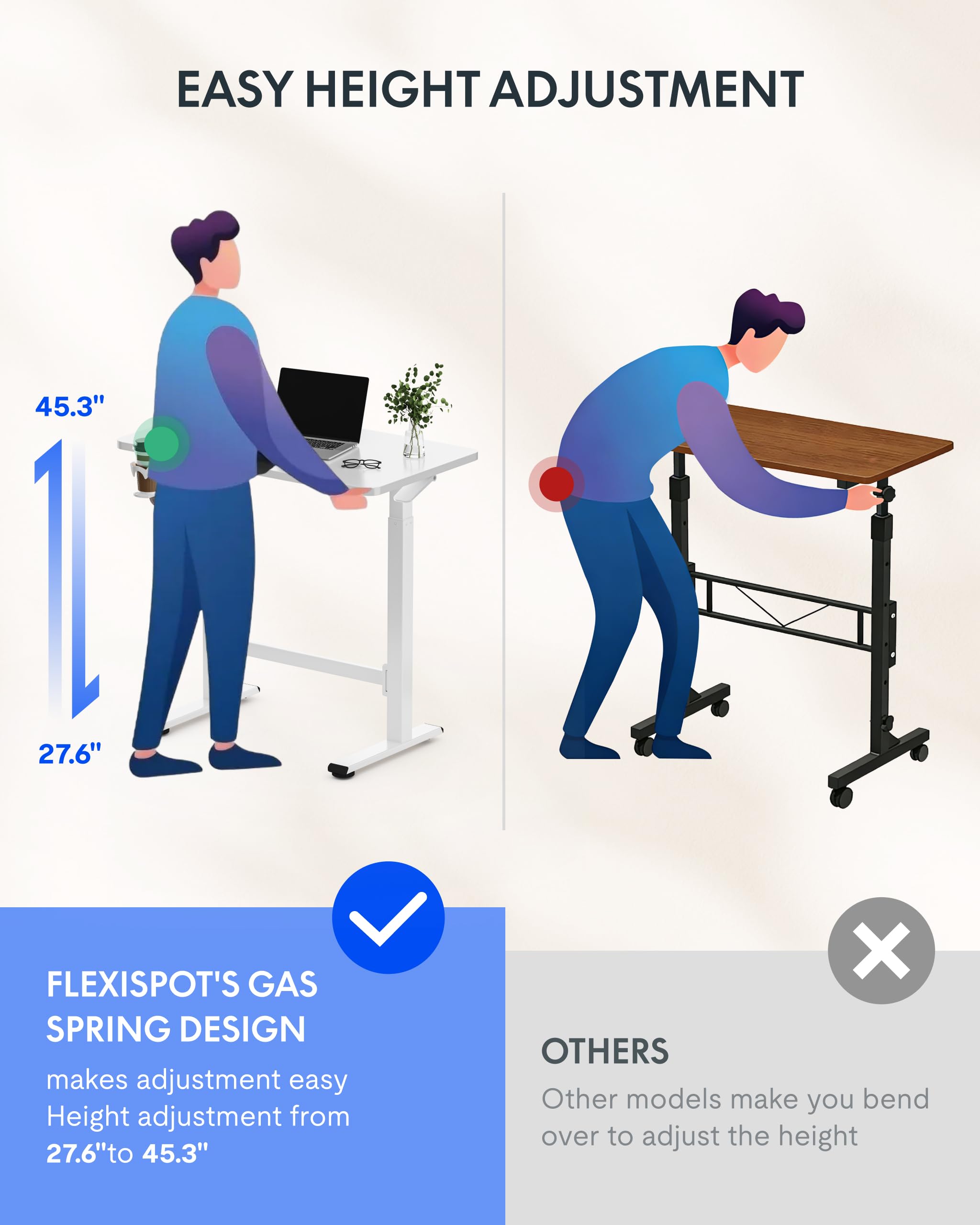 FLEXISPOT H7 Plus Gas Spring Adjustable Standing Desk Mobile Rolling Sit-Stand Table with Wheels Cordless Stand Up Desk — view 9