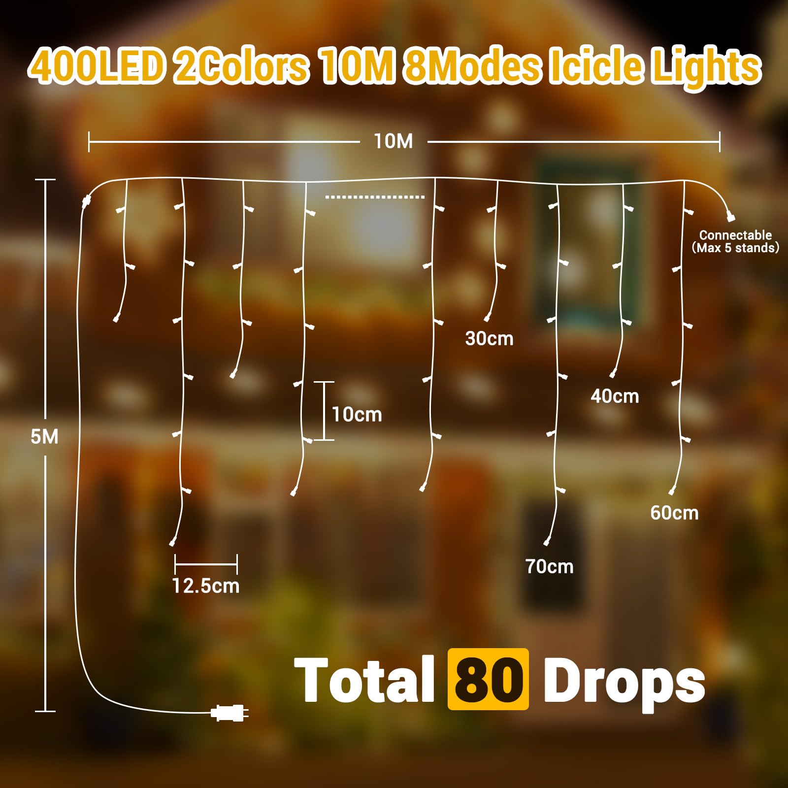Elegear Kurtyna Świetlna Zewnętrzna 10M 400 Led, Zewnętrzne Światła Kaskadowe 8 Trybów Z Pamięcią Wodoodporne Ip44 Rozszerzalne Światła Kurtynowe Na Boże Narodzenie Balkon Okno, Kolorowy/Ciepła biel