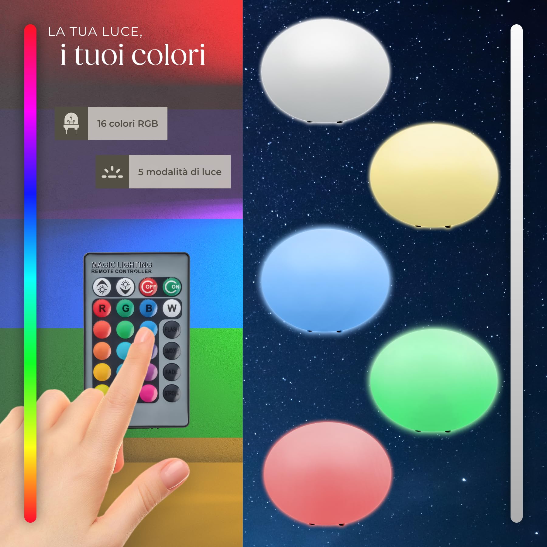 tectake® Lampada da terra Sfera LED, luce RGB da esterno e interno, telecomando, 16 colori, 1200 lumen, IP44 water proof, polietilene, luci giardino arredo esterno, piedini - L - Ø 35 x 27,5 cm