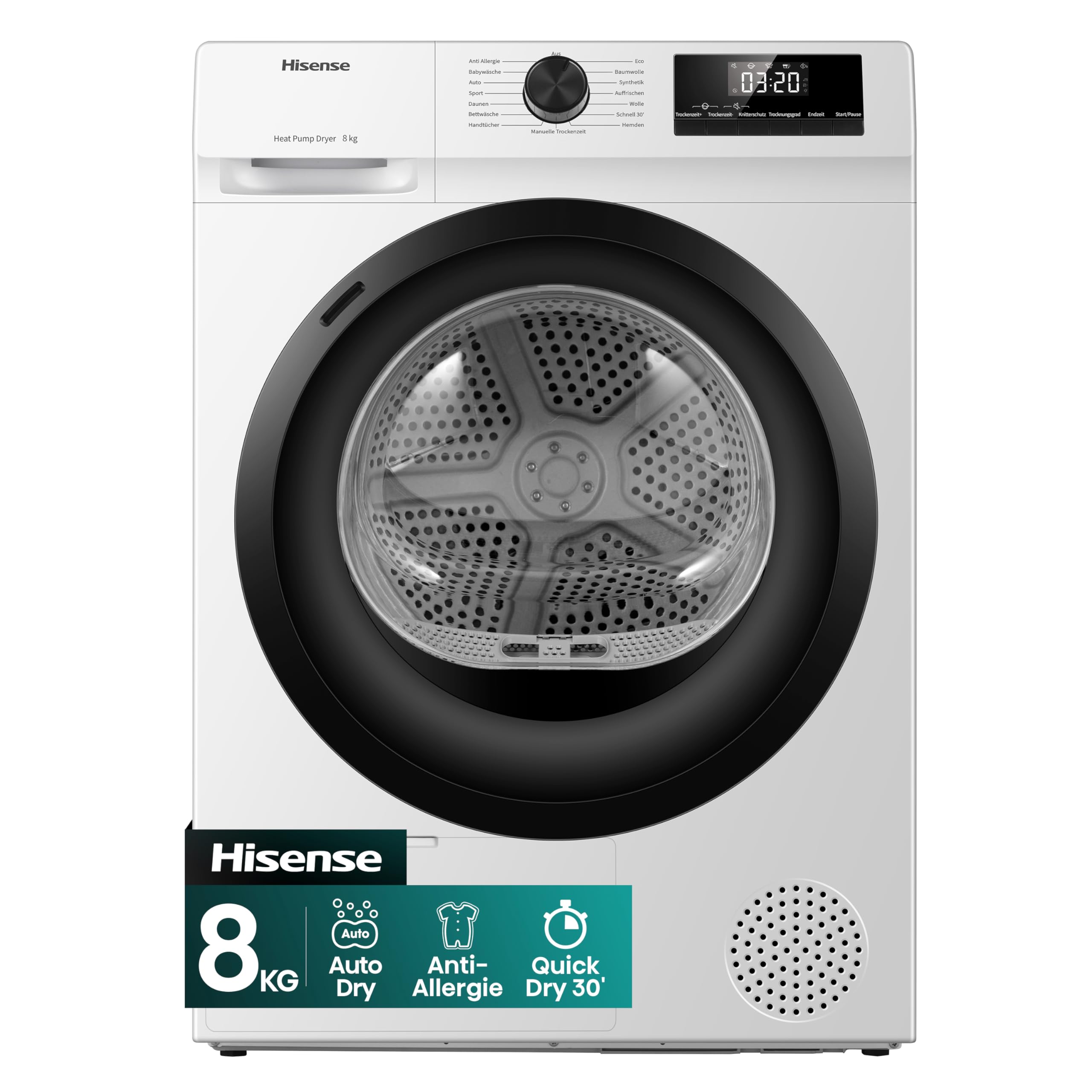 Hisense DHQE800BW2, 8KG, Kondensation mit Wärmepumpe, 15 Programme, Feuchtesensor, Anti Crease, TwinAir,Schwarz- Weiß, Energieeffizienzklasse D