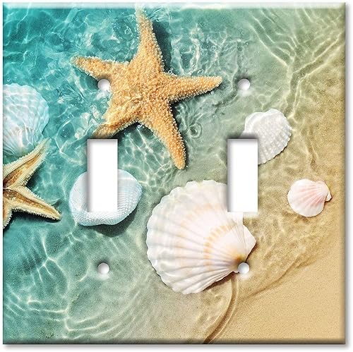 Art Plates - Cubierta de placa de interruptor de luz de metal de 2 bandas - Placa de pared decorativa de dos bandas - Conchas de mar y peces de
