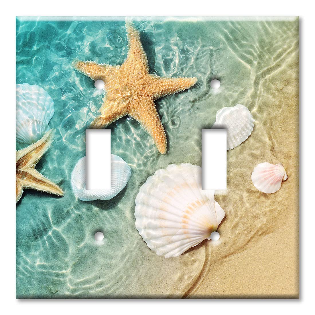 Art Plates2 Gang Toggle Metal Light Switch Plate Cover - Two Gang Toggle Decorative Wall Plate - Sea Shells and Star Fish in Ocean Beach Tide Pool - (Made in USA)