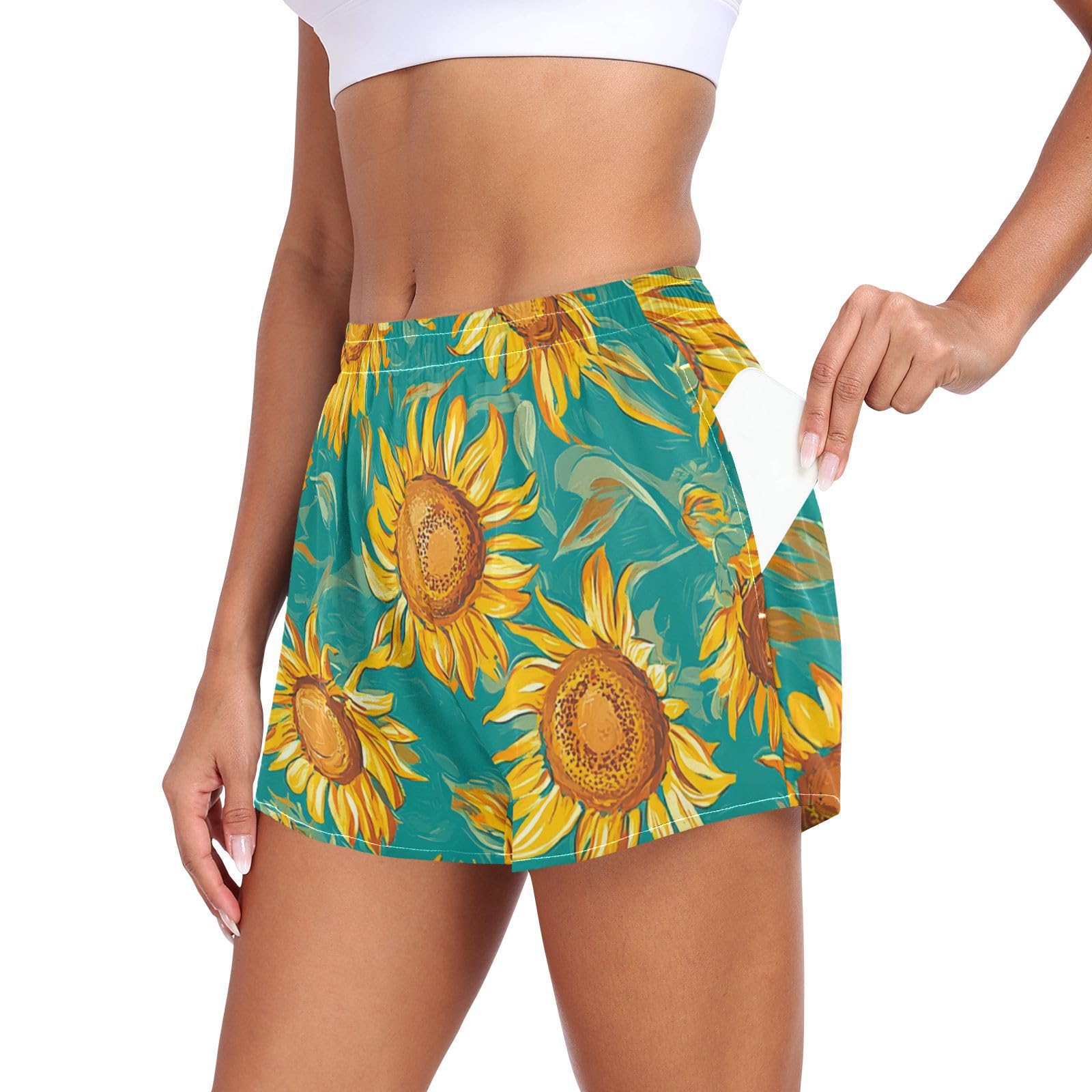 EtherSpher Cartoon Sunflower Star Teal Yellow Womens Athletic Shorts Loose&Comfy Girls Swim Shorts for Biking Lounging Jogging Beach Shores deportivos para Mujer L