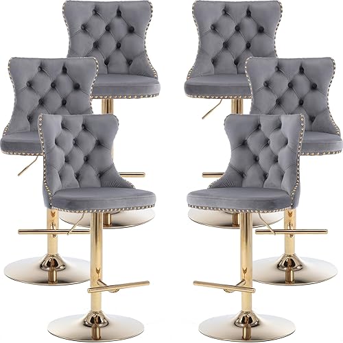 Miniatura 40 de Juego de 2 taburetes de bar giratorios de terciopelo, altura ajustable de 25 a 33 pulgadas, taburetes de bar con respaldo, sillas de bar para altura