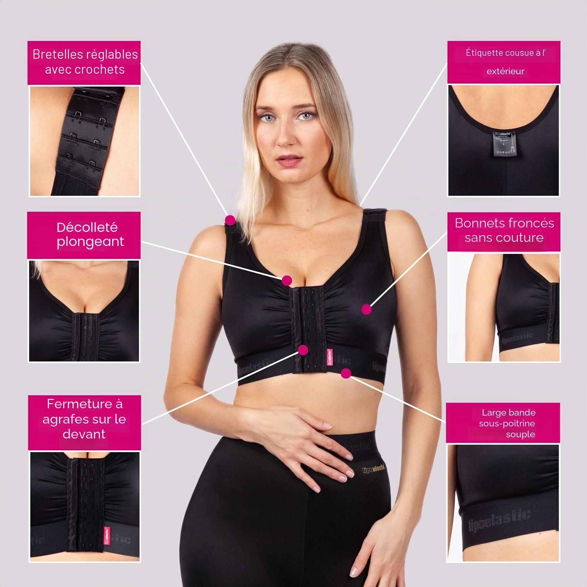 LIPOELASTIC PI Extra – Brassière Post-opératoire, Soutien-Gorge de Compression après Chirurgie Mammaire,Fermeture Frontale