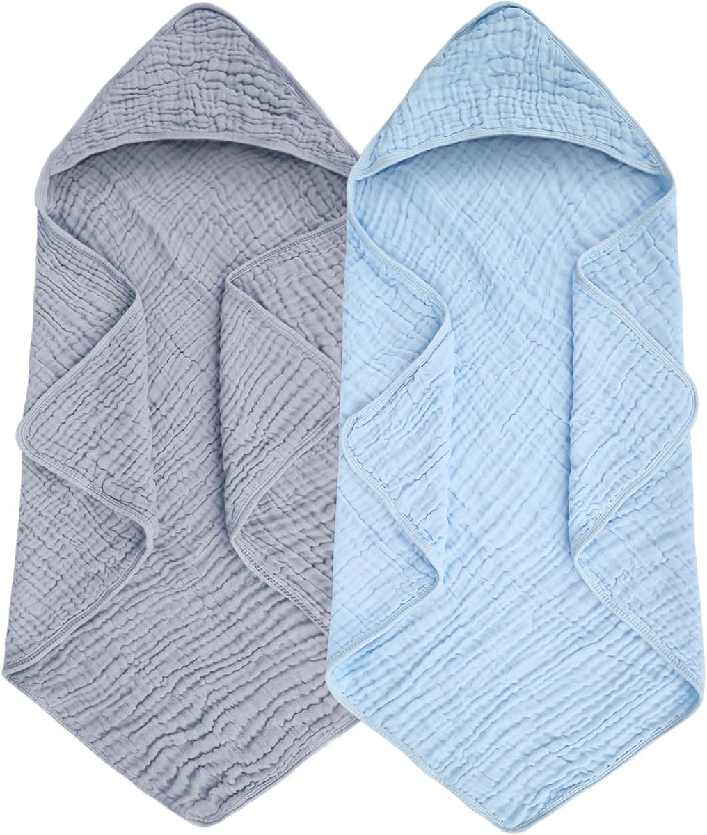 Baby Hooded Bath Towel 2 Pack, 100% Muslin Cotton, 32x32 Inch - Matching Trim & Hood, Soft Absorbent Baby Toddler Towel for Newborns & Infants, Blue and Misty