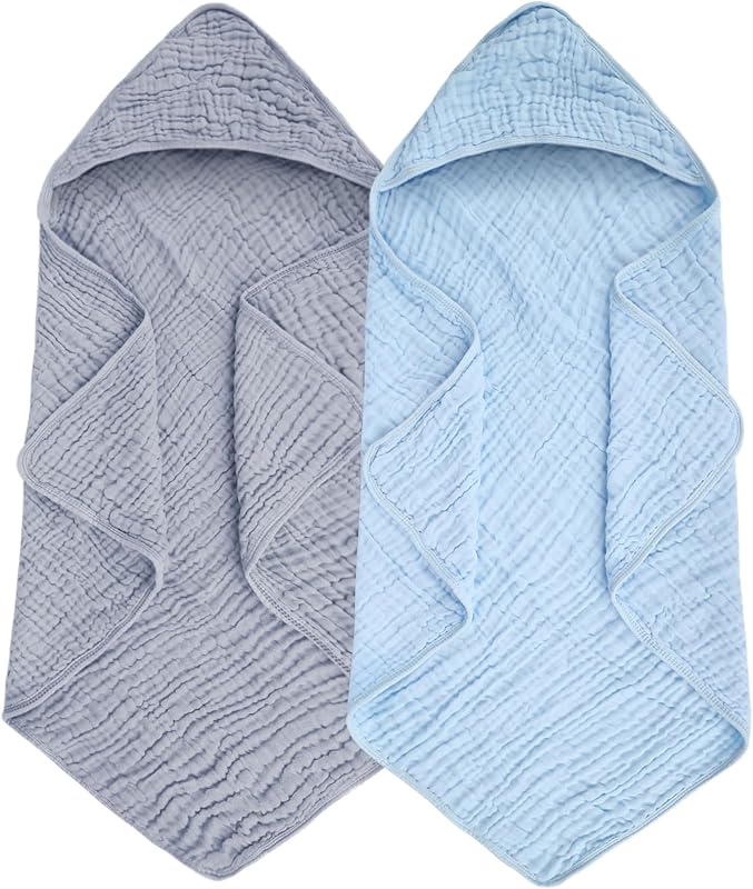 Baby Hooded Bath Towel 2 Pack, 100% Muslin Cotton, 32x32 Inch - Matching Trim & Hood, Soft Absorbent Baby Toddler Towel for Newborns & Infants, Blue and Misty