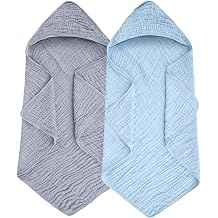 Synrroe Baby Hooded Bath Towel 2 Pack, 100% Muslin Cotton, 32x32 Inch - Matching Trim & Hood, Soft Absorbent Baby Toddler Towel for Newborns & Infants, Blue and Misty