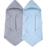 Synrroe Baby Hooded Bath Towel 2 Pack, 100% Muslin Cotton, 32x32 Inch - Matching Trim & Hood, Soft Absorbent Baby Toddler Towel for Newborns & Infants, Blue and Misty