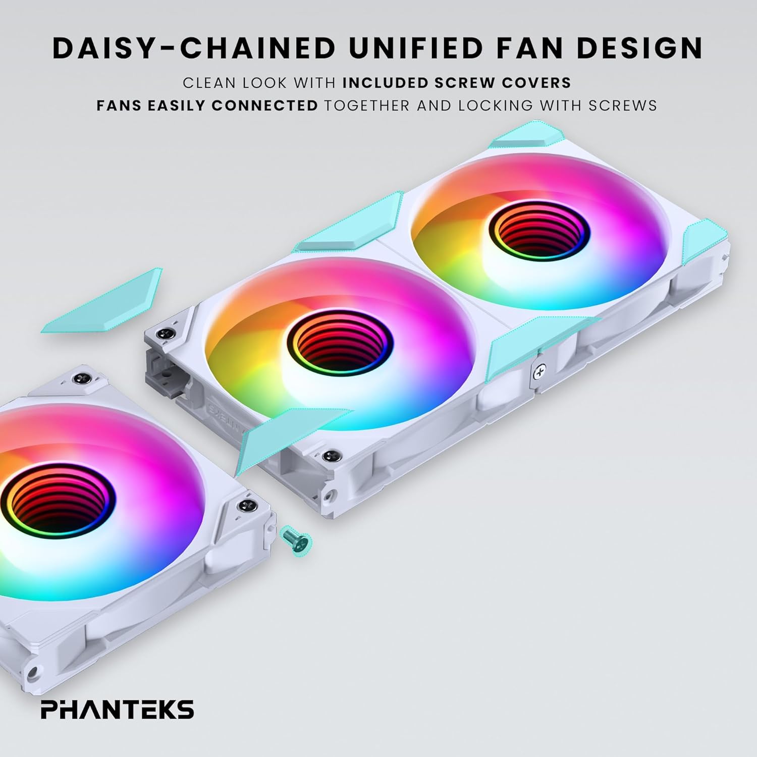 Illustration of Phanteks M25-140 Gen2 fans being daisy-chained together with screw covers for a clean look.