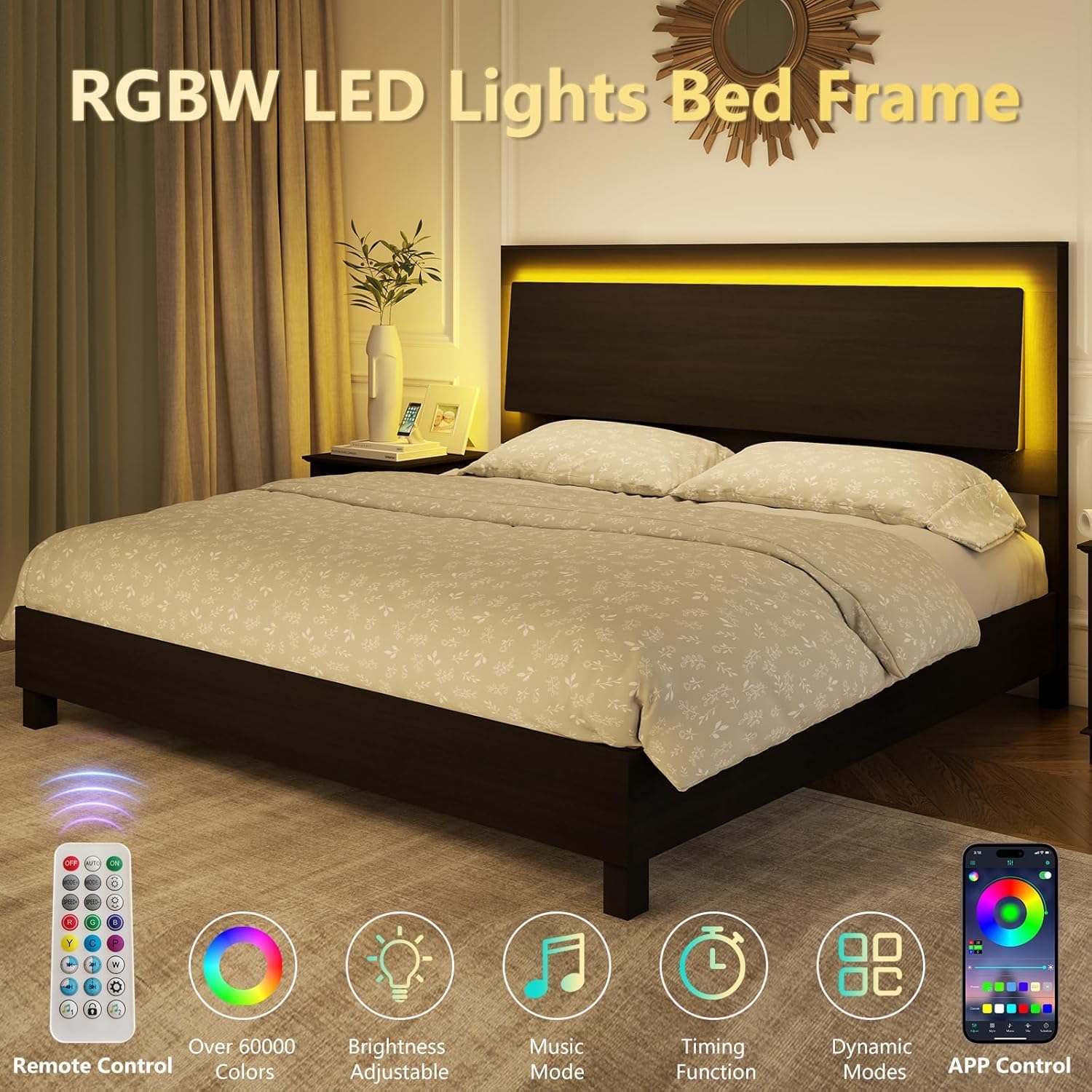 Image showing the bed frame with RGBW LED lights illuminated, along with a remote control and a smartphone displaying the control app.