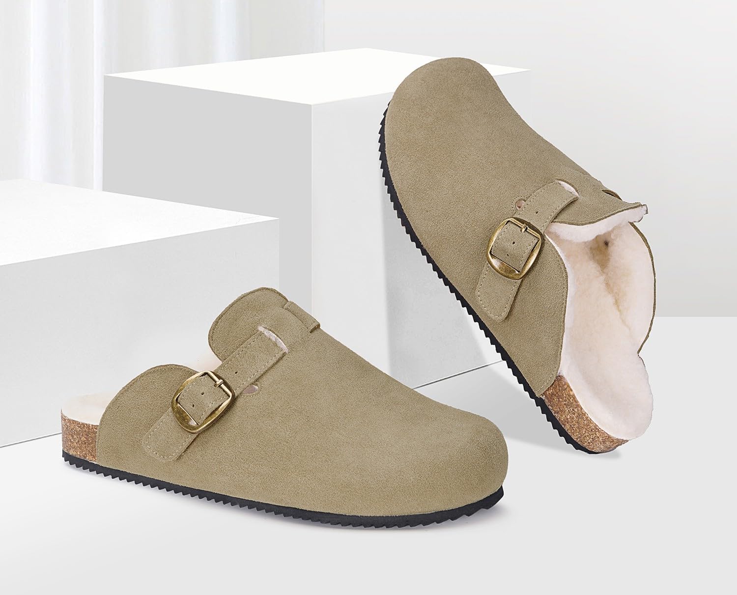 Womens Fur Lined Suede Clogs Mens Fuzzy Leather Mules Cork Footbed Slip On Winter Potato Shoes with Arch Support - Image 2