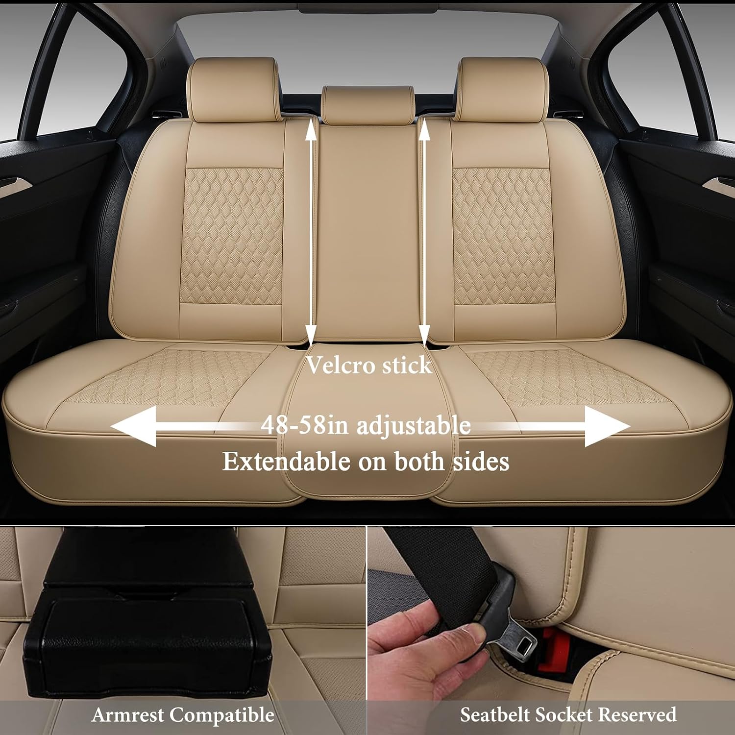 Coverado Full Set Car Seat Covers, Nappa Leather Seat Covers for Car, Waterproof Car Seat Protector with Lumbar Support, Automotive Seat Covers Universal Fit for Most Cars SUV Trucks, Beige