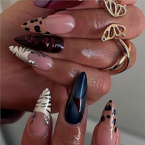 Press on Nails Almond Medium French Tip Fake Nails 3D