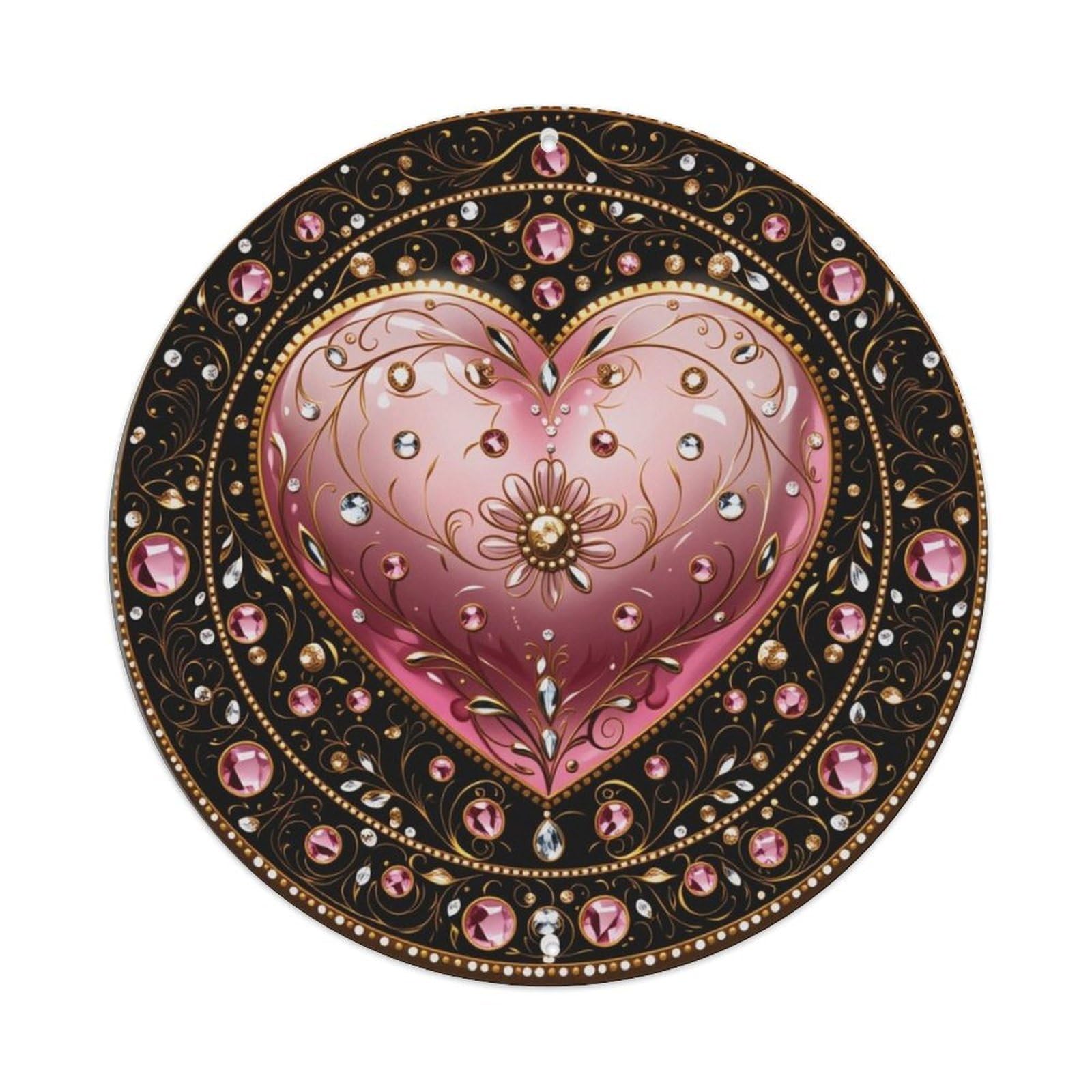 European Rhinestone Pink Heart Vintage Round Sign Vintage Aluminium Metal Sign, Retro Wall Decor for Home, Bar, Garage & Farmhouse 20x20cm