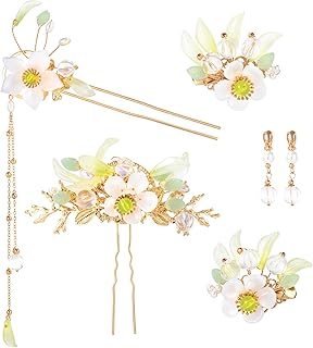 6PCS Lily Flower Tassels Hairpin, Crystal Rhinestone Pearl Hair Clips Headpiece Retro Chinese Hanfu Wedding Brides Valentines Hair Accessories Jewelry for Women Girls Updo Long Hair
