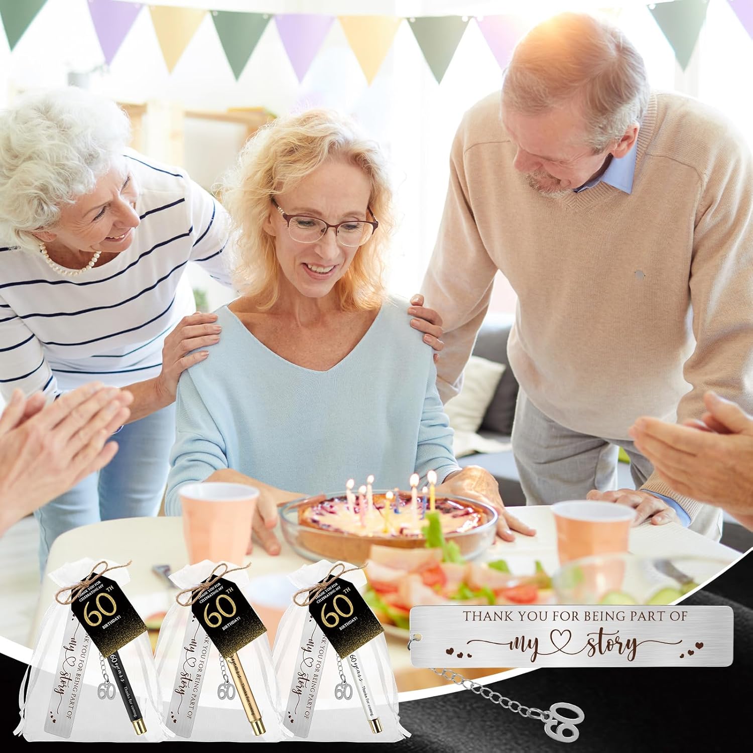 25 Sets Birthday Favors for Guests 25 Thanks for Coming Ballpoint Pens 25 Bookmarks 25 Cards with Organza Bag for Adult Birthday Anniversary Party Souvenir(Metal-60th) - Image 6