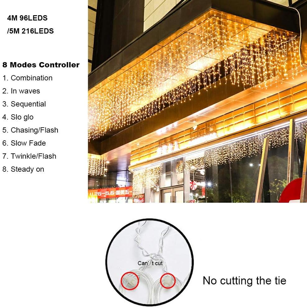 ZIMINGU Icicle Diwali Lights Outdoor, Christmas Hanging Window Curtains Dangling 16.4FT 216LEDs 8 Modes Weeping Willow Ceiling Fairy String Lights, Warm White, 5M