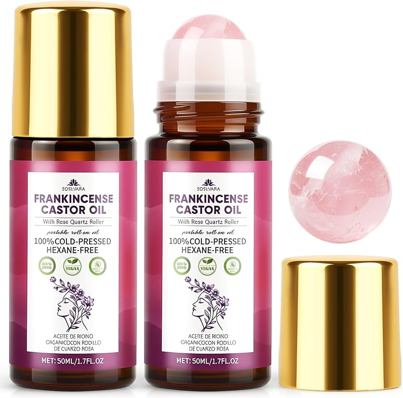 SOSILYARA Óleo de Rícino e Olíbano com Aplicador Roll-On e Esfera de Quartzo Rosa, Pacote com 2