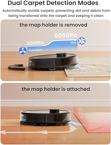 Miniatura 7 de Lefant LiDAR Robot Aspirador y Trapeador Combo, 75 días de autovaciado, 6000Pa potente Scution, mapeo de varios pisos, zonas prohibidas, 140 minutos