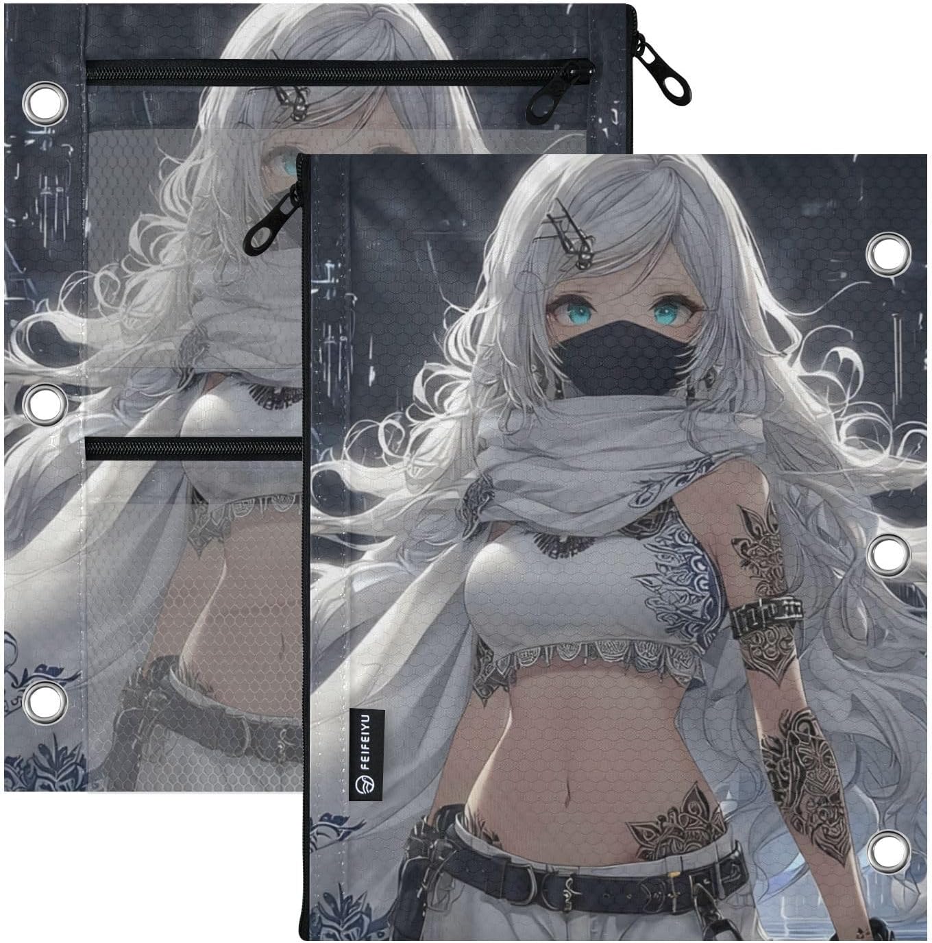 3 Ring Pencil Pouch Anime Woman Scarf Binder Organizer 2 Pack