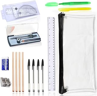 GCSE 18 Pcs Stationery Set, School Pencil Case with Stationery Set Included, Back to School Pencil Case Sets with 4 Graphite Pencils, 4 Pens, 2 Highlighter, Eraser, Sharpener, Compass, Set of Rulers
