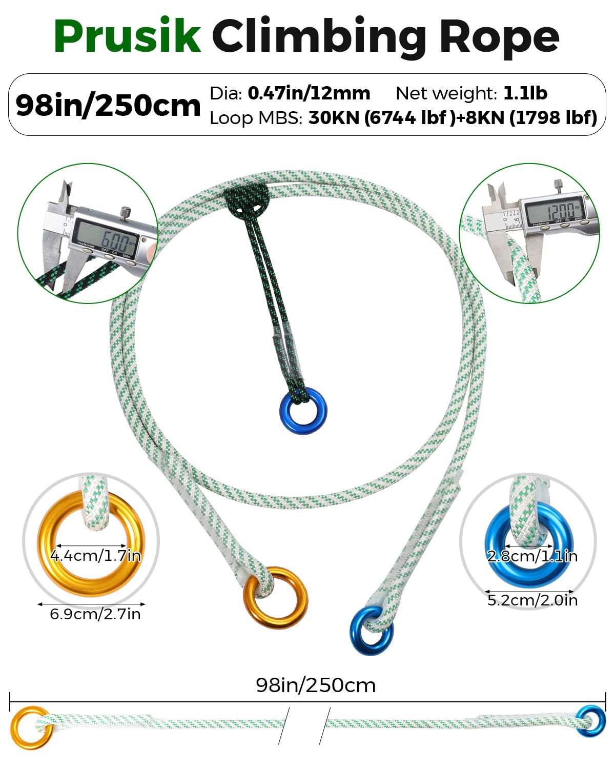 Cuerda de fricción multiahorro de 30 kN, 12 mm, resistente para proteger árboles y bucle Prusik | Cordón de anclaje de poliéster, cuerda de escalada de árboles para arboristas, escalada, rescate y barranquismo