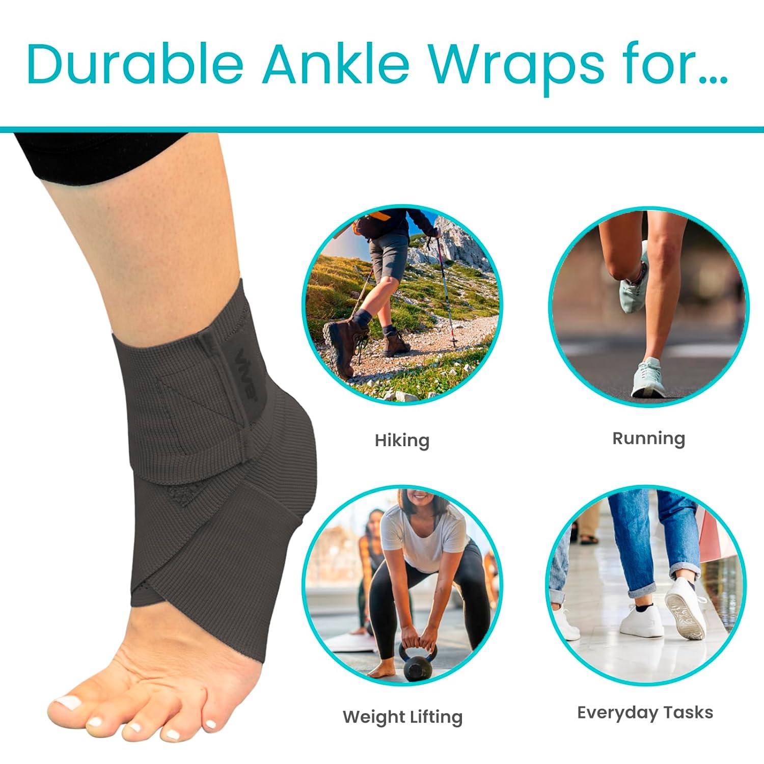 Vive Ankle Wrap (2 Pack) - Strap Heel Brace Stabilizer for Sprained Foot - Breathable, Soft, Firm Compression Sport Sleeve for Swelling - Adjustable Nonslip Elastic Support for Tendonitis (Women, Men)