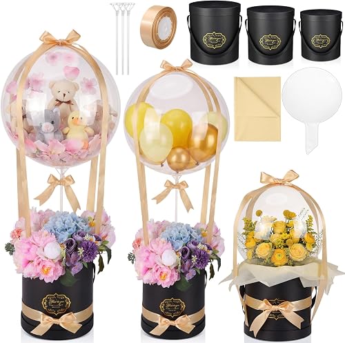 Gejoy 3 Set 16 Inch Transparent Wide-mouth Bobo Balloon Gift Set with Round Gift Boxes, Fillable Clear Stuffing Balloons with Ribbon Sticks for Mother's Day Birthday Wedding Party Decorations(Black)