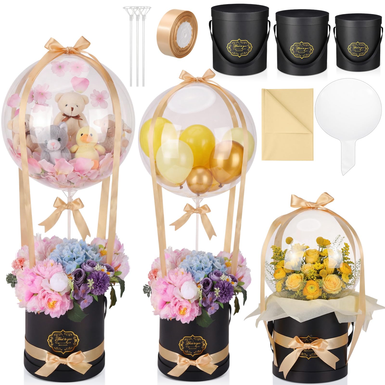 Gejoy 3 Set 16 Zoll Transparent Wide Mouth Bobo Ballon Geschenk-Set mit runden Geschenkboxen, befüllbare klare Füllballons mit Band und Stäben für Muttertag Geburtstag Hochzeit Party Dekorationen
