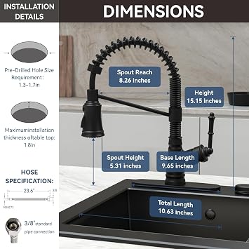 Aşağı Çekmeli Püskürtücülü Tek Seviyeli Mutfak Lavabo Bataryası, Tek Saplı Çekmeli Mutfak Bataryası, Mat Siyah