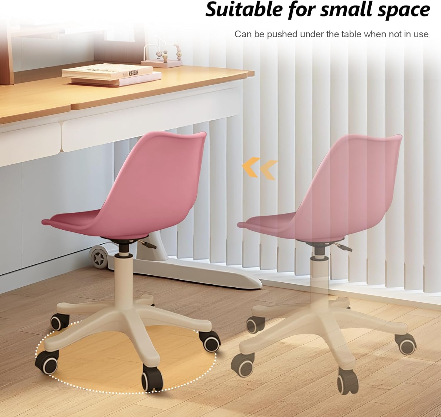 JPBSTO Small Desk Chair Cute, Swivel Armless Task Vanity Chair with Soft Padded Cushion, Plastic Height Adjustable Home Office Chairs for Teens Girls, Kids, Study Room