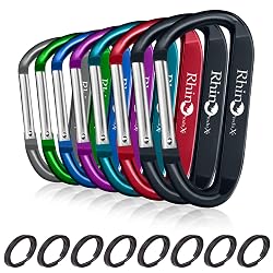 Rhino Produxs 8PCS Lightweight Snap Carabiner Clips, D Ring Shape | 8PCS Keyring Included, Outdoor & Camping, Hiking, Water Bottle Hook