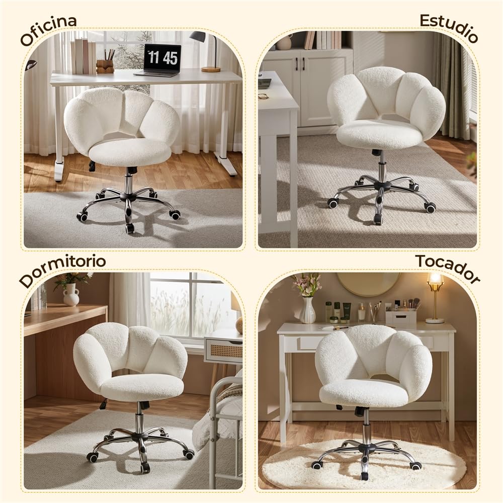 Yaheetech Silla de Escritorio Silla de Oficina Ergonómica sin Brazos Tapizada Blanca con Ruedas Giratorias Respaldo Diseño Nube en Tejido Bouclé Altura Ajustable