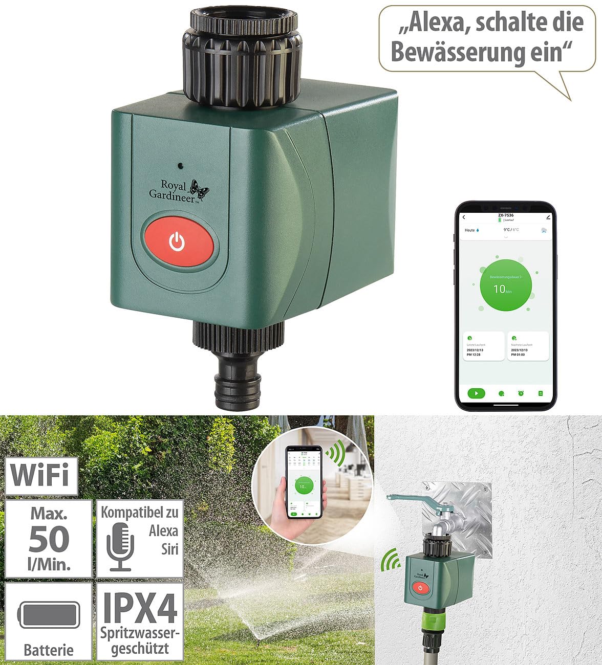 Royal Gardineer Elesion Bewässerung: WLAN-Bewässerungscomputer mit Ventil, Wetterdatenabgleich per App (Bewässerungscomputer WiFi, Bewässerung Computer WLAN, Timer)