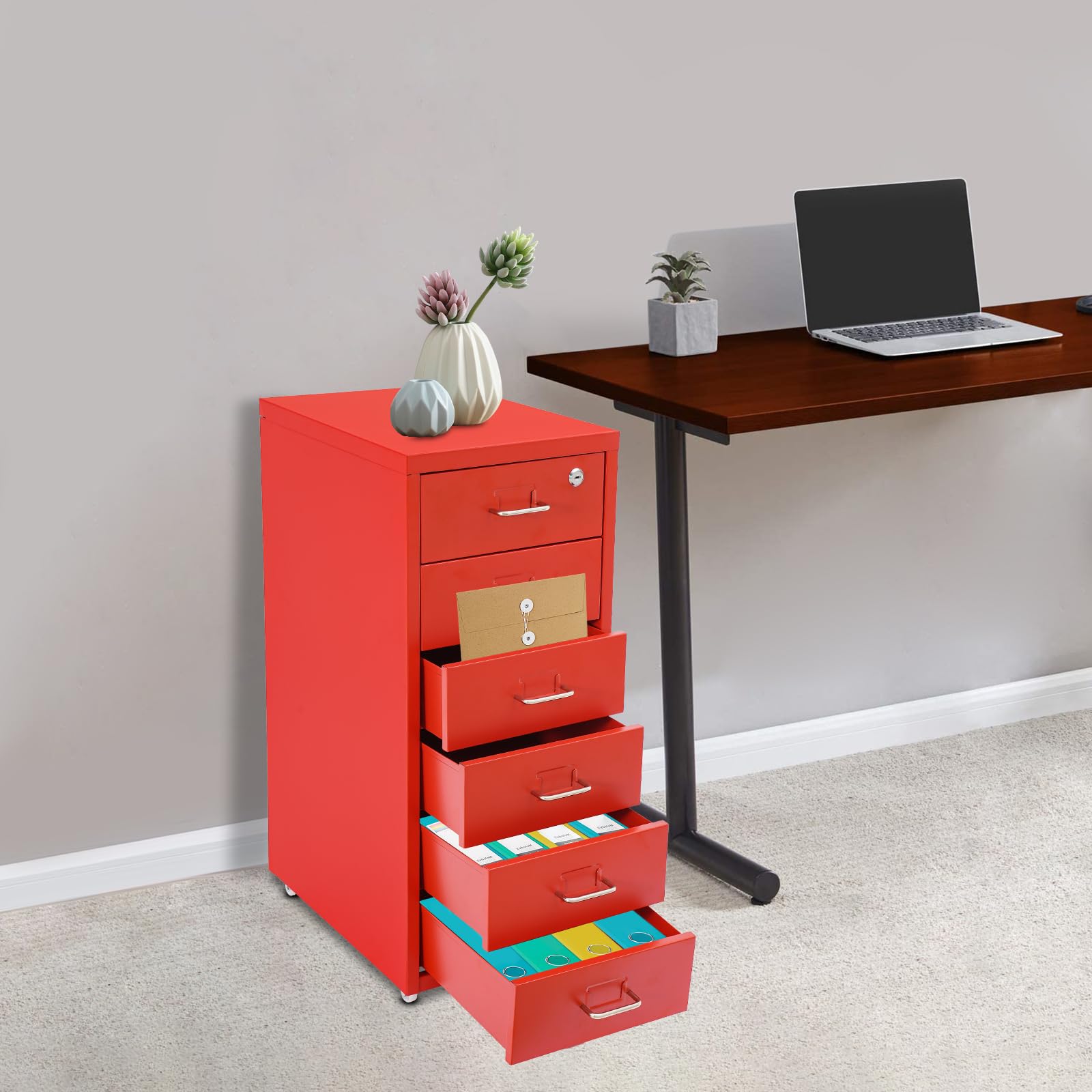 Armadietto mobile verticale a 6 livelli, armadietto portaoggetti per casa e ufficio, con cassetti in metallo, contenitore con ruote, richiudibile, 28 x 41 x 69 cm (rosso)