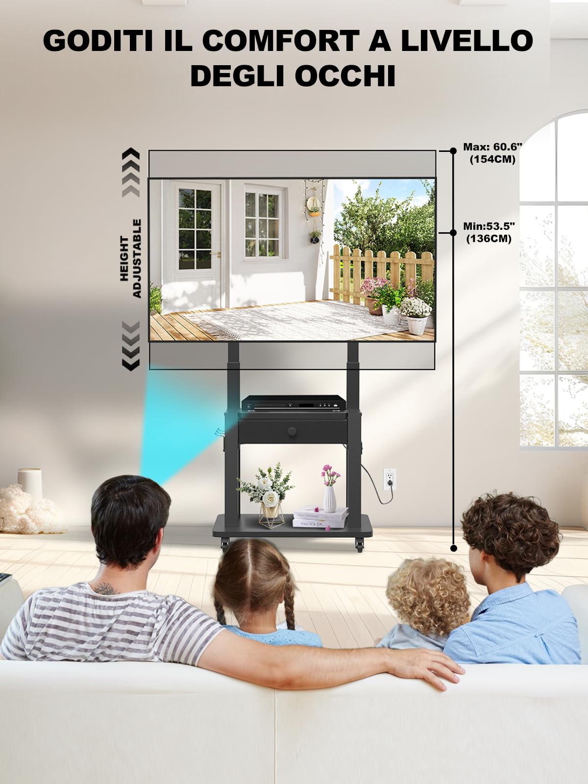 Supporto TV con cassetto in tessuto, per schermo piatto/curvo da 32"-75", fino a 200 libbre LCD/LED/OLED, carrello per TV mobile con ruote per casa ufficio all'aperto Max VESA 600 x 400 mm, nero