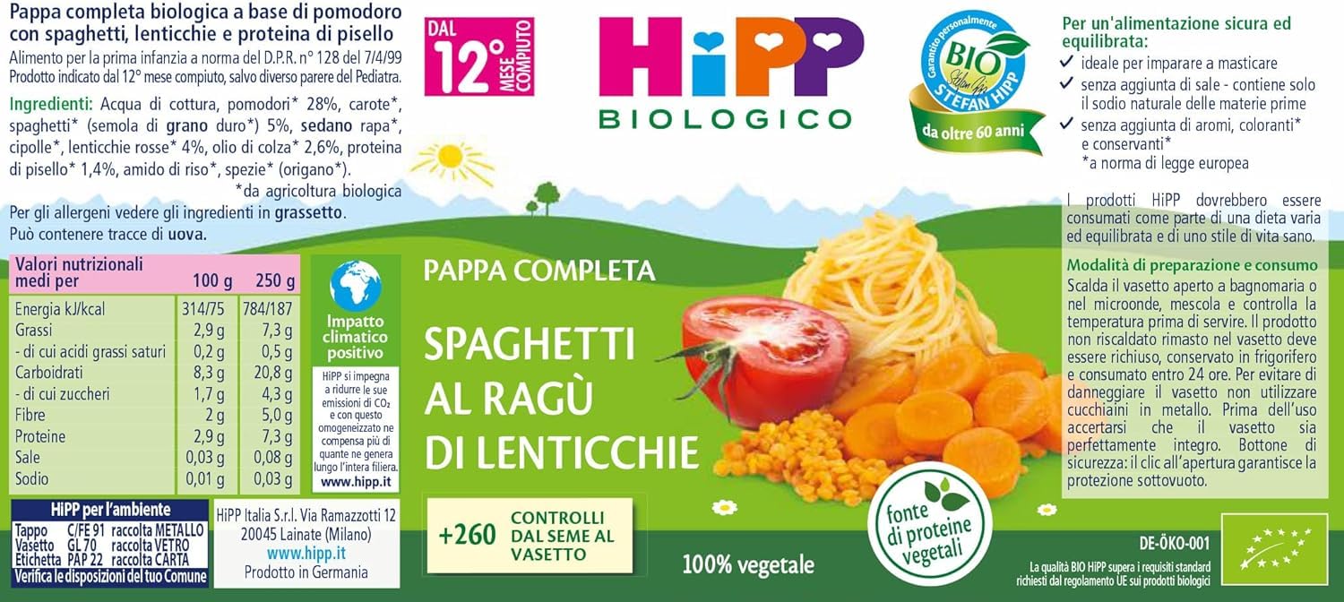 HiPP - Pappa Pronta Completa Bio, Spaghettini al Ragù di Lenticchie, per Bambini, 100% Vegetale, Senza Sale Aggiunto, 6 Vasetti da 250 gr