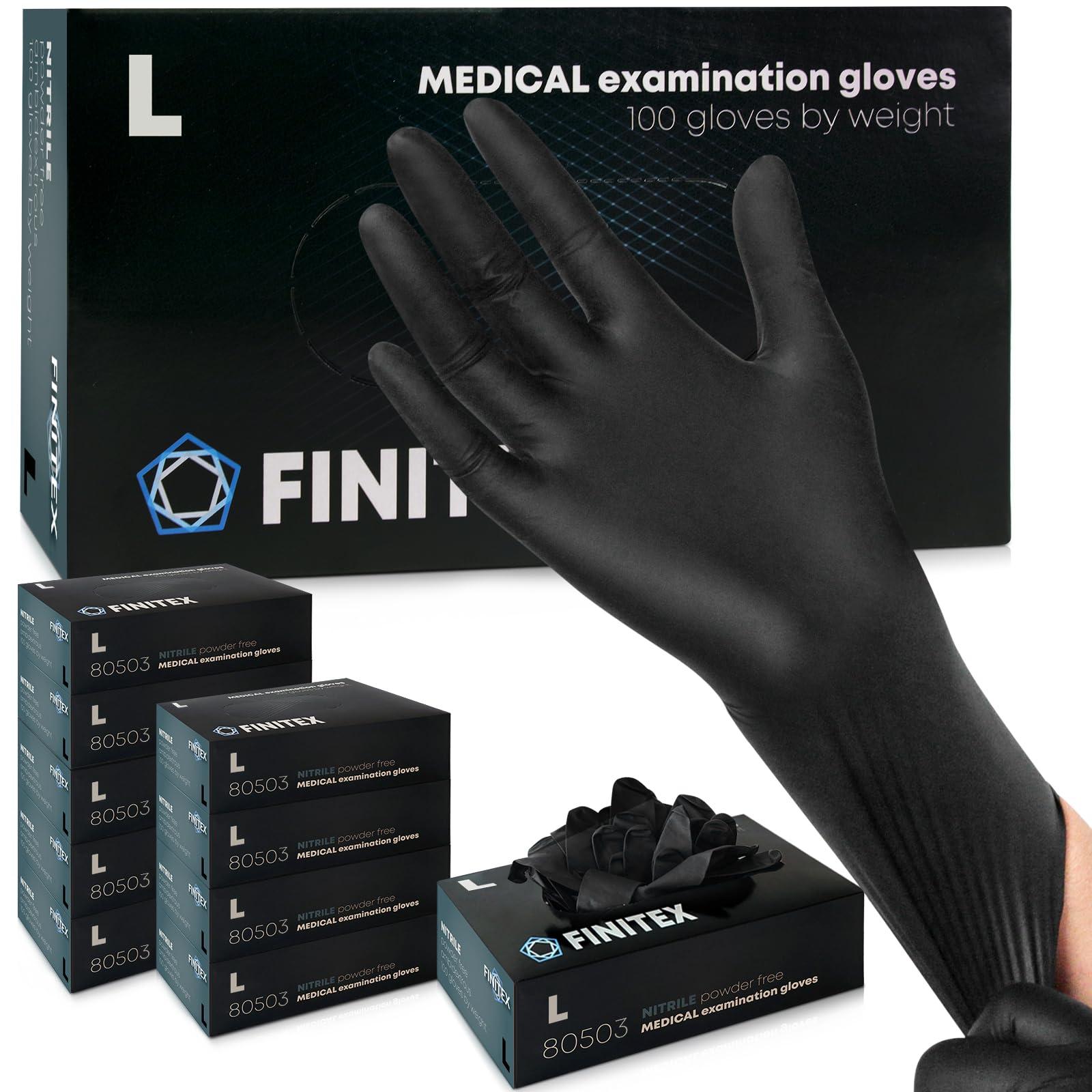 FINITEX Guantes desechables de nitrilo negro, 5 mils, 100 piezas, L, multifuncionales sin polvo y látex para la preparación de alimentos limpieza, examen físico, tatuaje