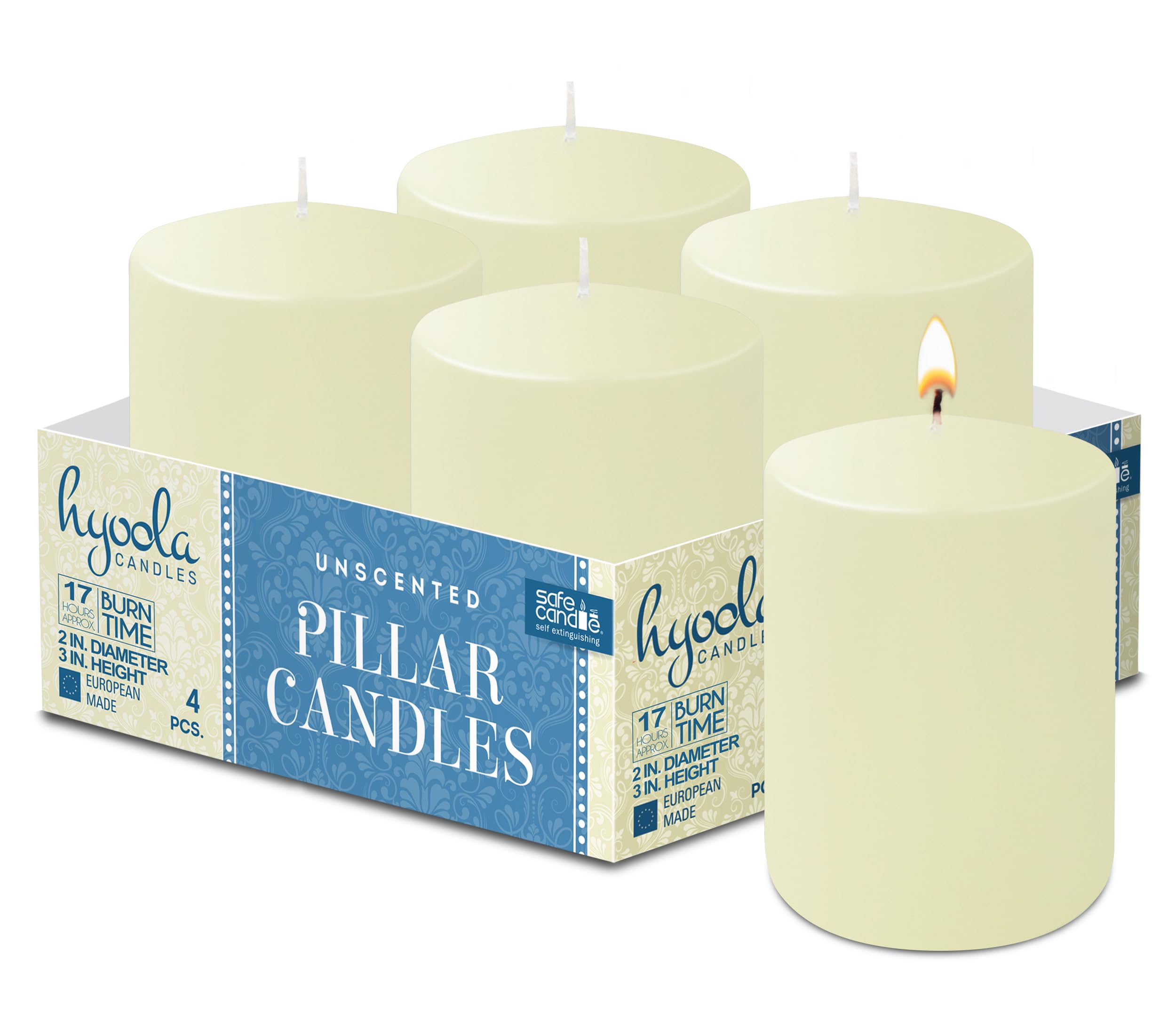 Hyoola Velas Pilar Color Marfil - Velas Grandes Sin Aroma - Paquete de 4 - Velas Decorativas Hechas en Europa - 5 x 7,5 cm