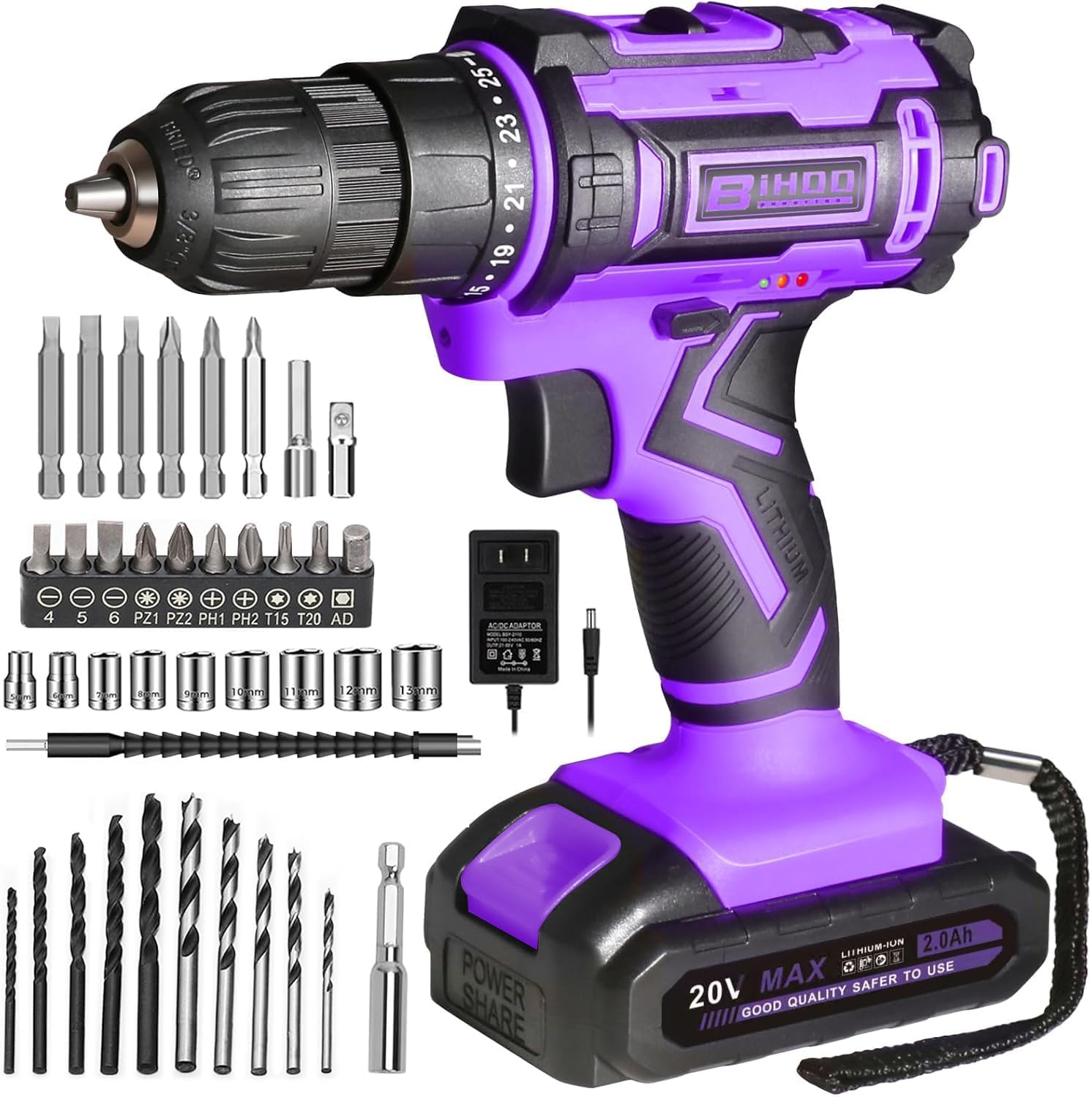20V cordless drill set, with 2 batteries and a charger, 3/8-inch keyless chuck, 25+1 torque, 2-speed, comes with drill bits and screwdriver heads, suitable for home DIY and woodworking