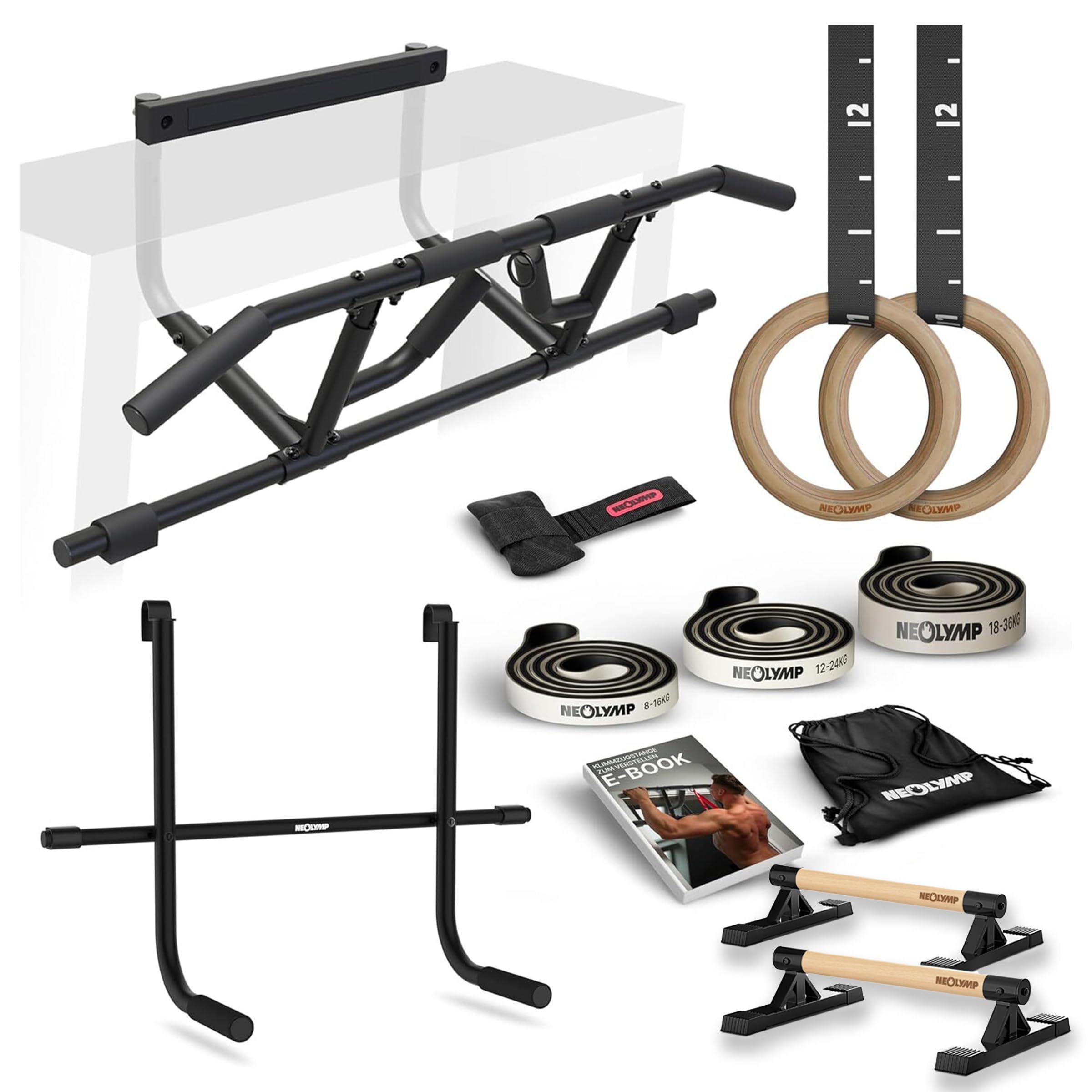 NEOLYMP Calisthenics Set – Komplettset mit Klimmzugstange Türrahmen, Turnringen, Liegestützgriffen, Dip Barren & Resistance Bands – Profi Calisthenics Equipment für Zuhause – Home Gym