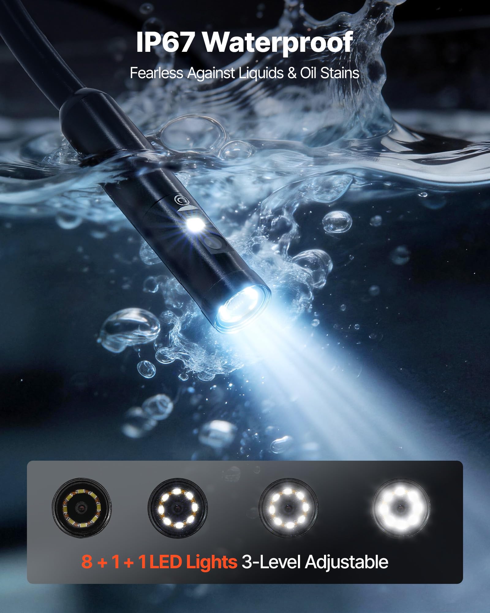 VEVOR Endoscopio Articolato a Tripla Lente, Telecamera Endoscopica Industriale con Luce, Schermo IPS HD da 5'', Zoom 8x, Risoluzione 1280 x 720, Cavo Impermeabile IP67 da 5 m, per Auto e Idraulica