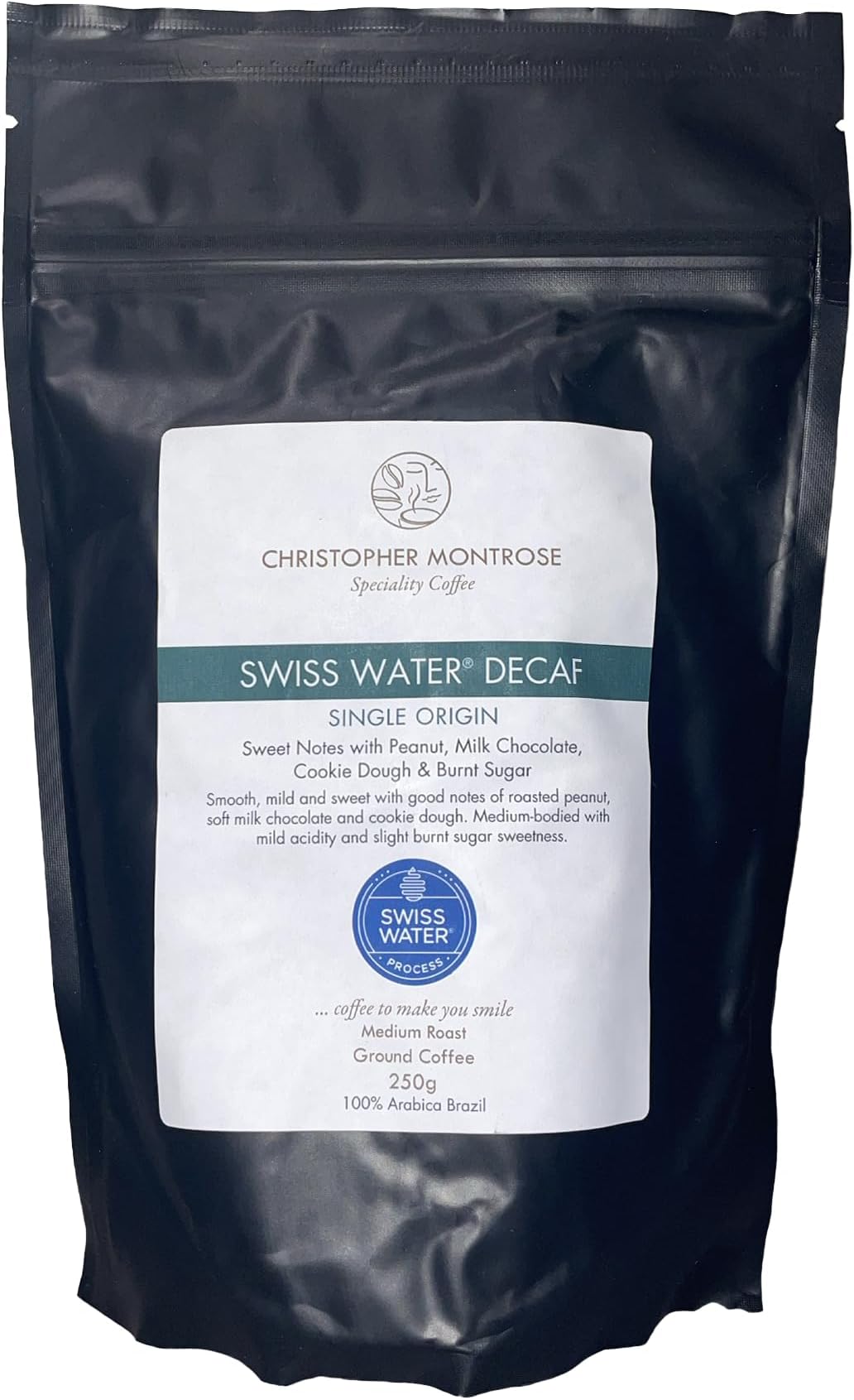 Christopher Montrose CoffeeSingle Origin Swiss Water Decaf | Medium Roast Ground Coffee 250g
