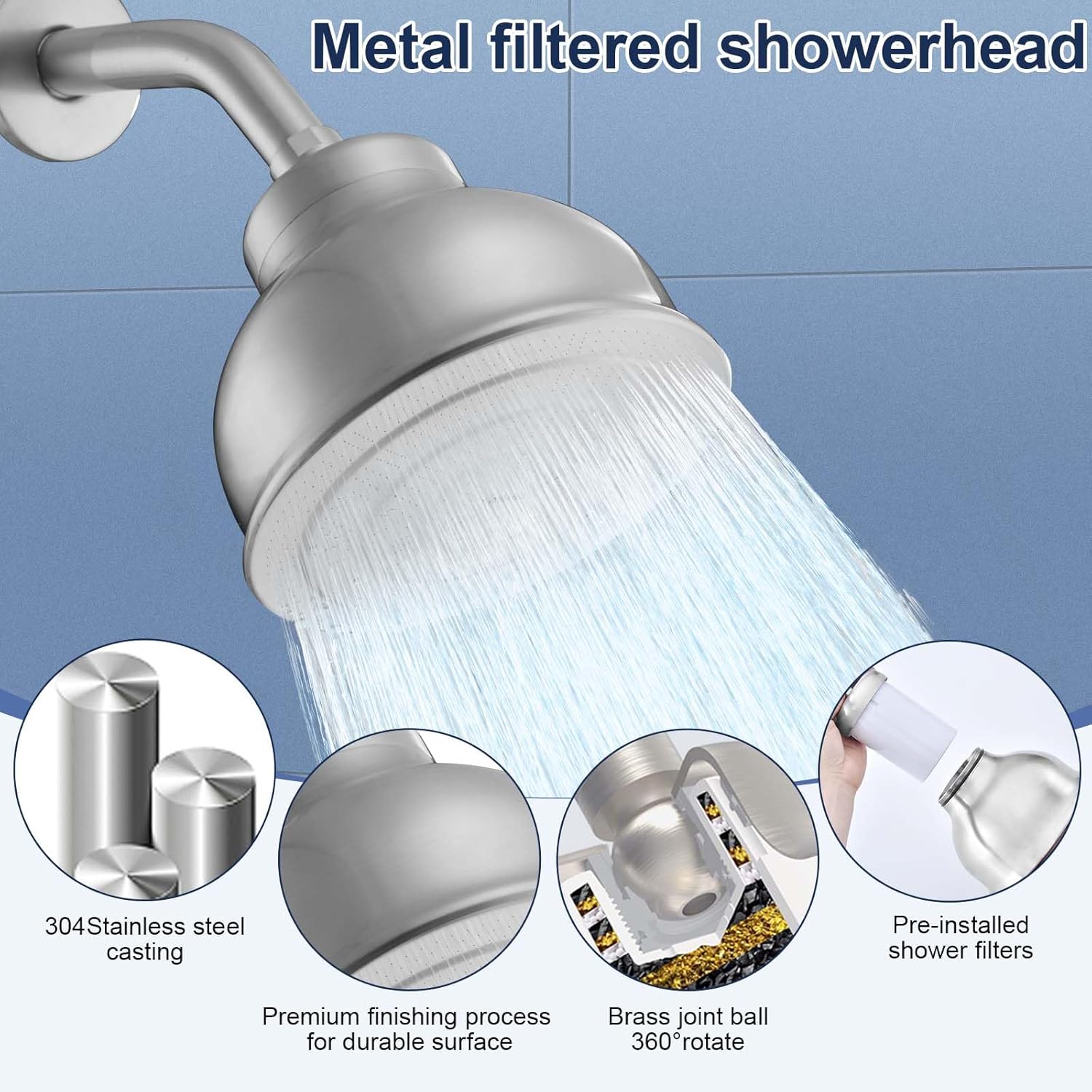 Stainless Steel Shower Head with Filters - Durable & Rustproof, Filtered Shower Head with High-Capacity Filter Cartridge for Hard Water - Long-Lasting Filtration Reduce Hair Shedding Soothe Dry Skin