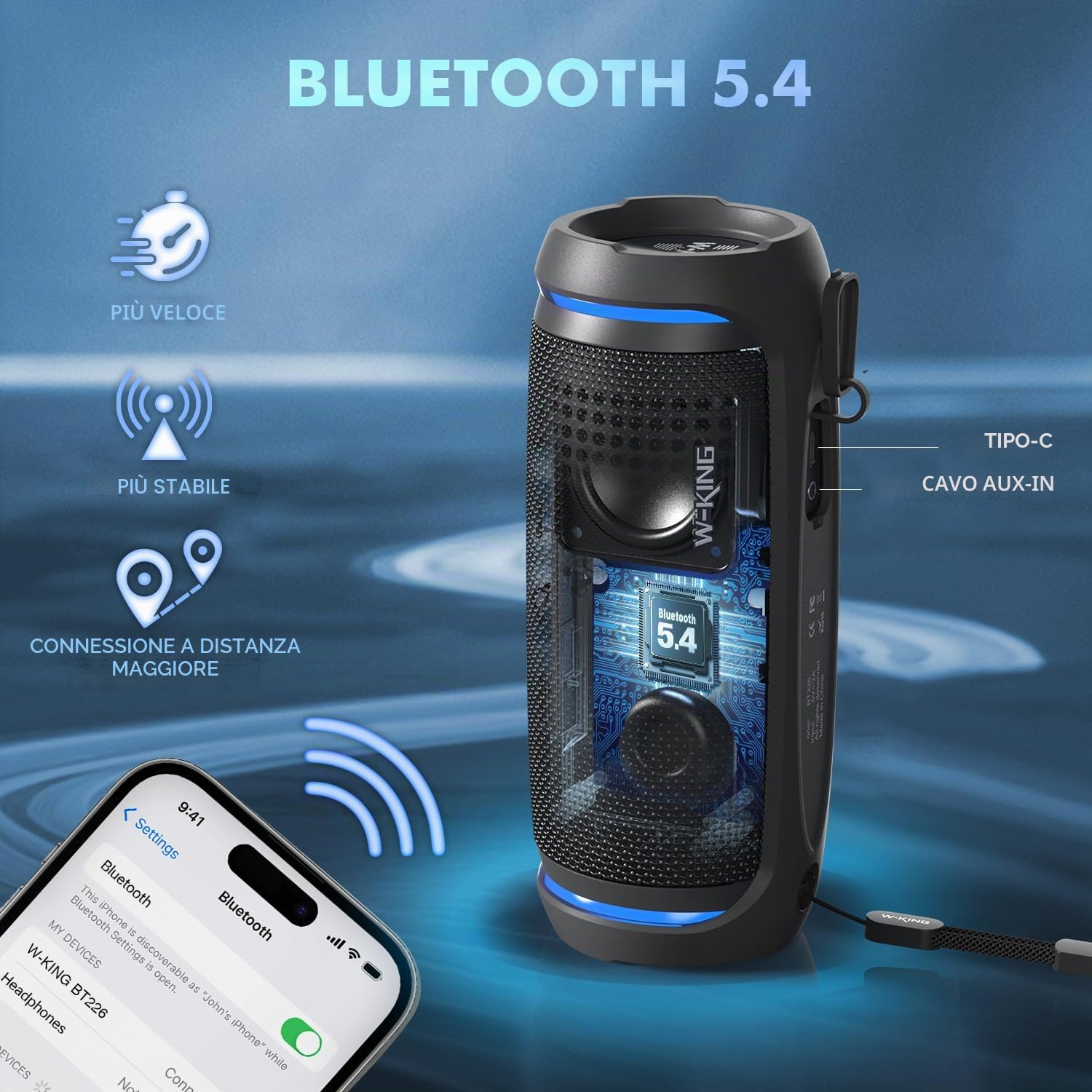 W-KING Cassa Bluetooth Portatile Potente 36W PEAK, Altoparlante Impermeabile IPX6, 360° HI-FI Bassi Potenti, Bluetooth 5.4, Chiamata in Vivavoce, Vero Stereo Senza Fili, AUX, Tipo-C