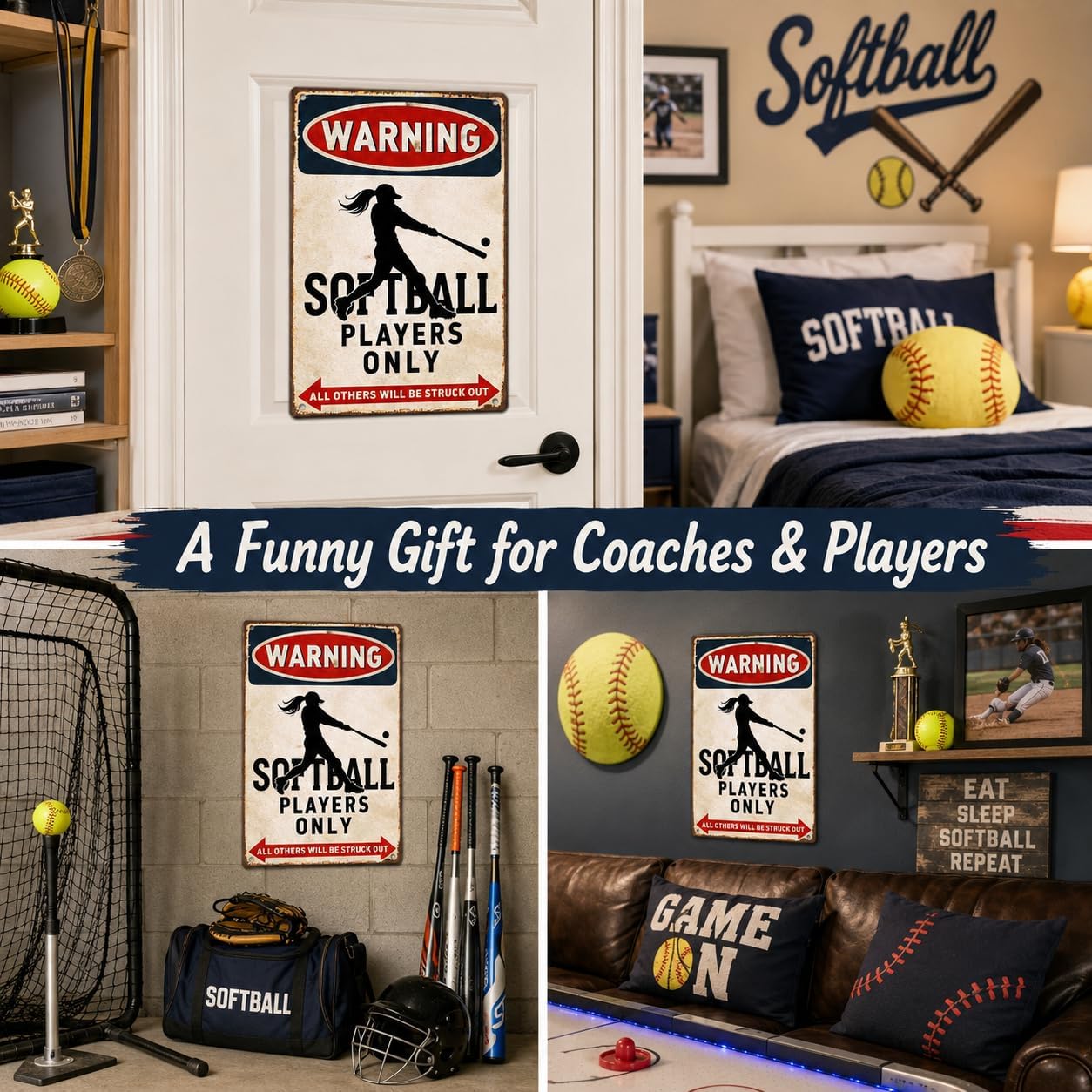 CrazySign Funny Softball Gifts for Girls, Players & Coaches - Warning Softball Players Only Vintage Metal Sign - Cool Sports Wall Art Decor for Bedroom, Locker Room, Team Gift, 8x12 Inch (26011)
