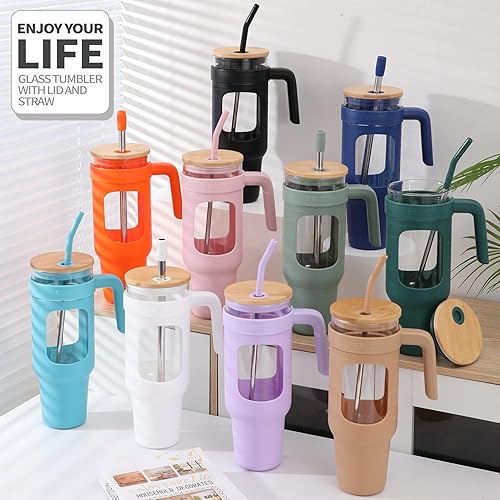 Miniatura 5 de SIEROZUR Vaso de vidrio de 50 onzas con tapa y popote. Botellas de agua de vidrio con asa, vaso de vidrio con marcador de tiempo y funda de