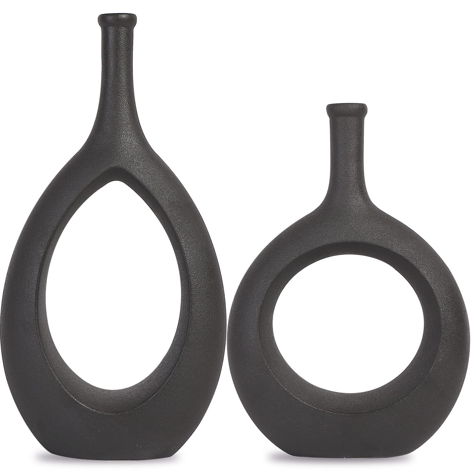 Set of 2 Black Ceramic Flower Vase, Hollow Oval Vase for Home Décor Office Decoration, Modern Geometric Vases Figurines Ornament for Living Room Bedroom Dining Table