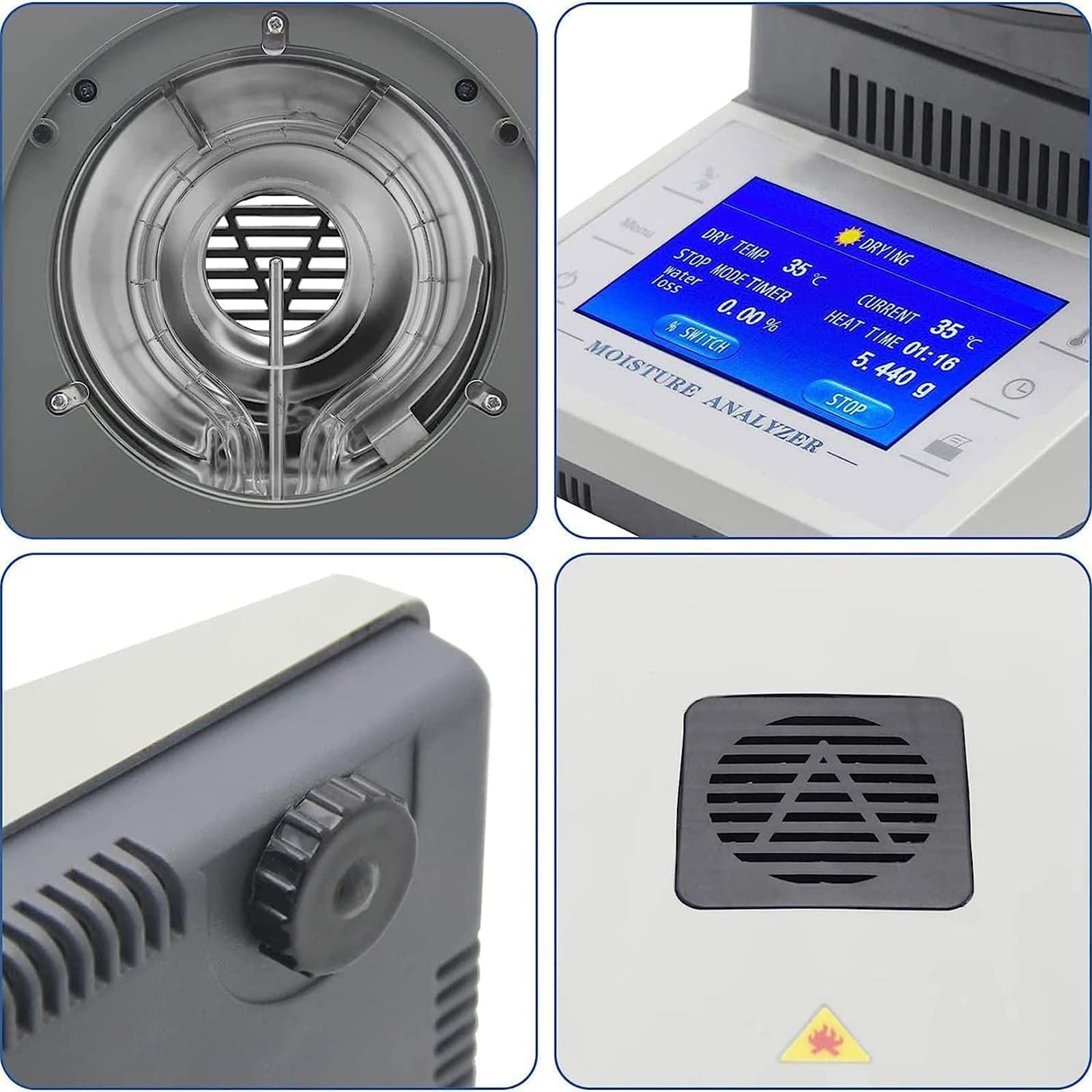 Analizador de humedad medidor de laboratorio con calefacción halógena, bandeja de muestra de aluminio, capacidad de 50 g, legibilidad de 0,005 g, control de 60-160 °C, dos modos de secado para